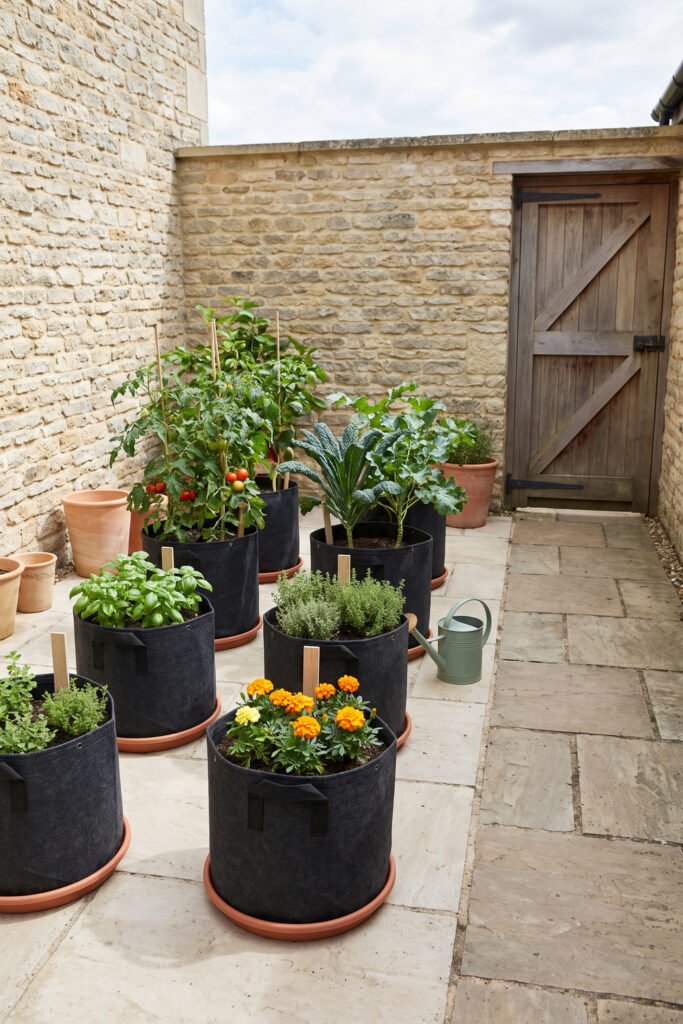 Black fabric grow bags arranged in an orderly courtyard grid with tomatoes, herbs, greens, flowers, and a clear stone walkway.