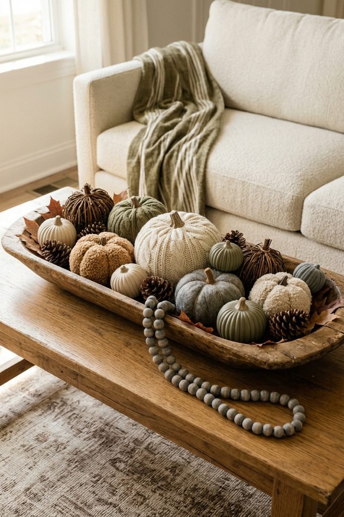 Aged wood dough bowl filled with knit, felt, ceramic, and twig pumpkins, pinecones, fall leaves, and draped gray beads.