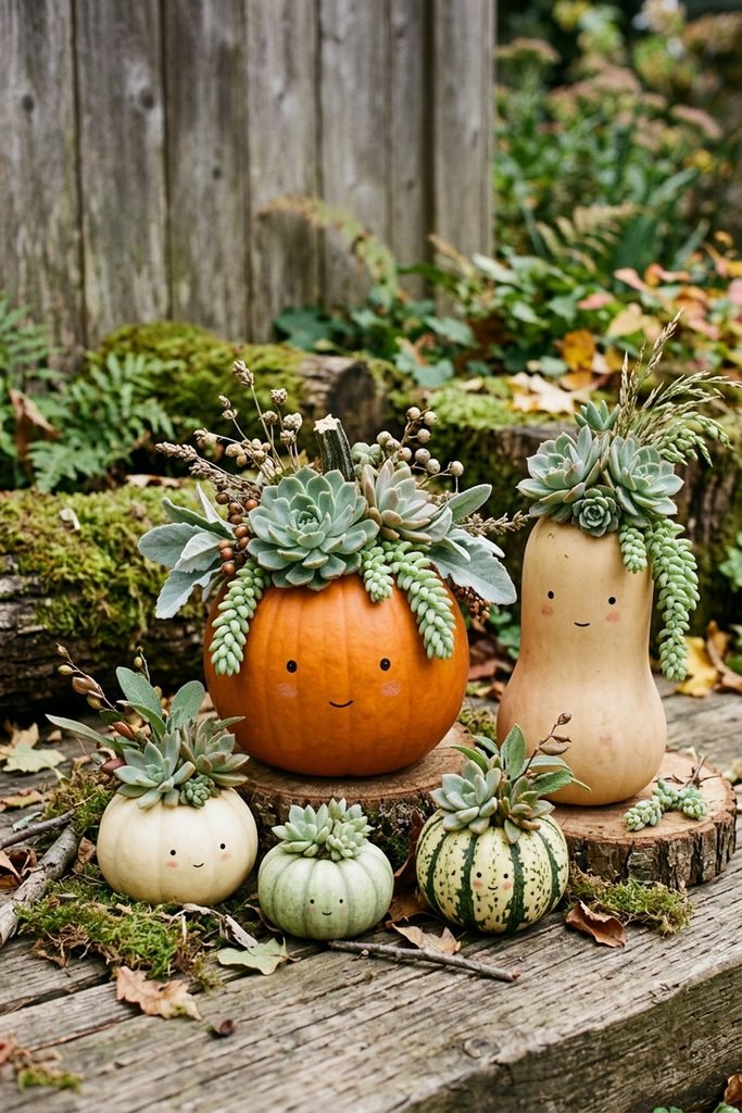 Small pumpkins and gourds decorated as succulent planters with simple smiling faces.