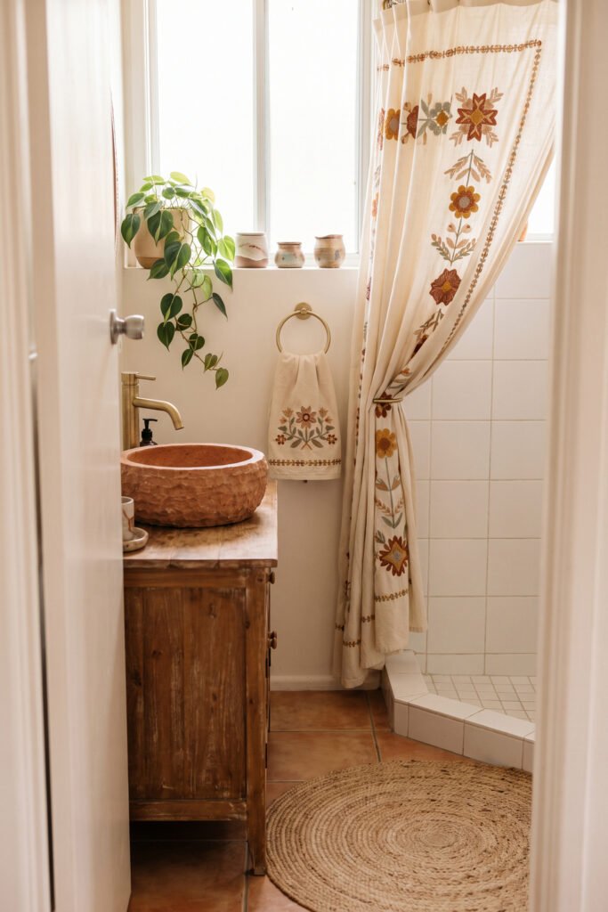 Terracotta vessel sink on a rustic wood vanity with embroidered shower curtain, matching hand towel, trailing plant, and round jute rug.