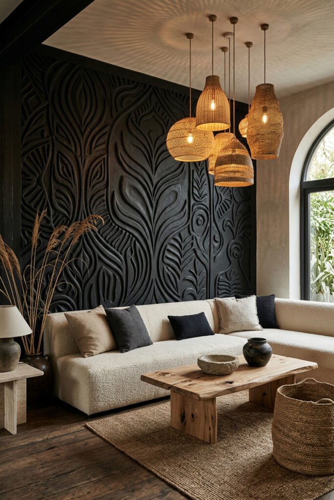 22 Black Nouveau Decor Ideas That Feel Dark, Rich, and Artful 8 Cream sofa against a carved black relief wall, with woven pendant lights, raw wood table, dried grasses, and woven basket.