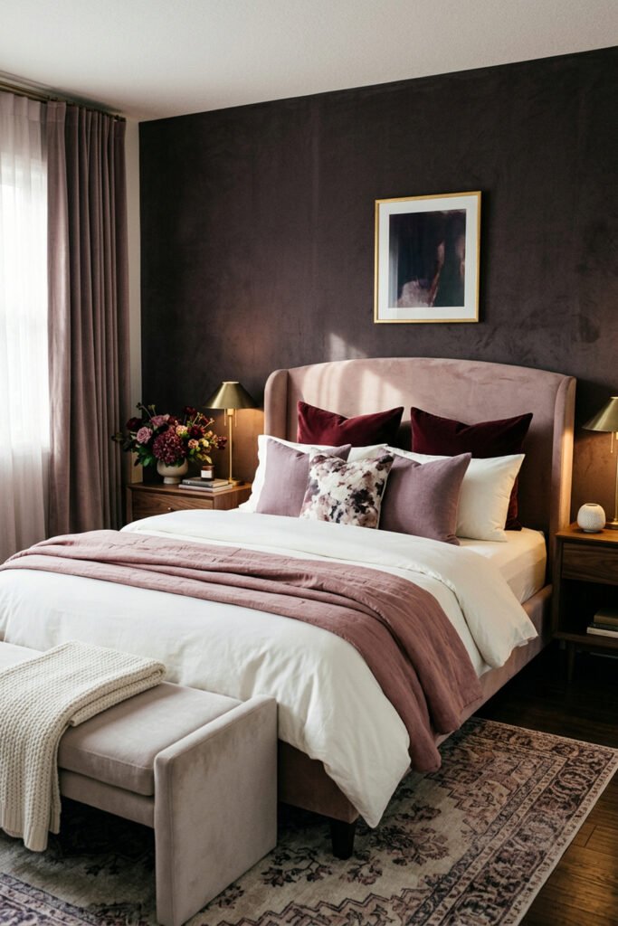 16 Cozy Bedroom Ideas for Couples to Create a Warm Shared Retreat 8 Blush upholstered bed against a dark plum wall, layered burgundy and mauve pillows, rose quilt, brass lamps, curtains, and patterned rug.