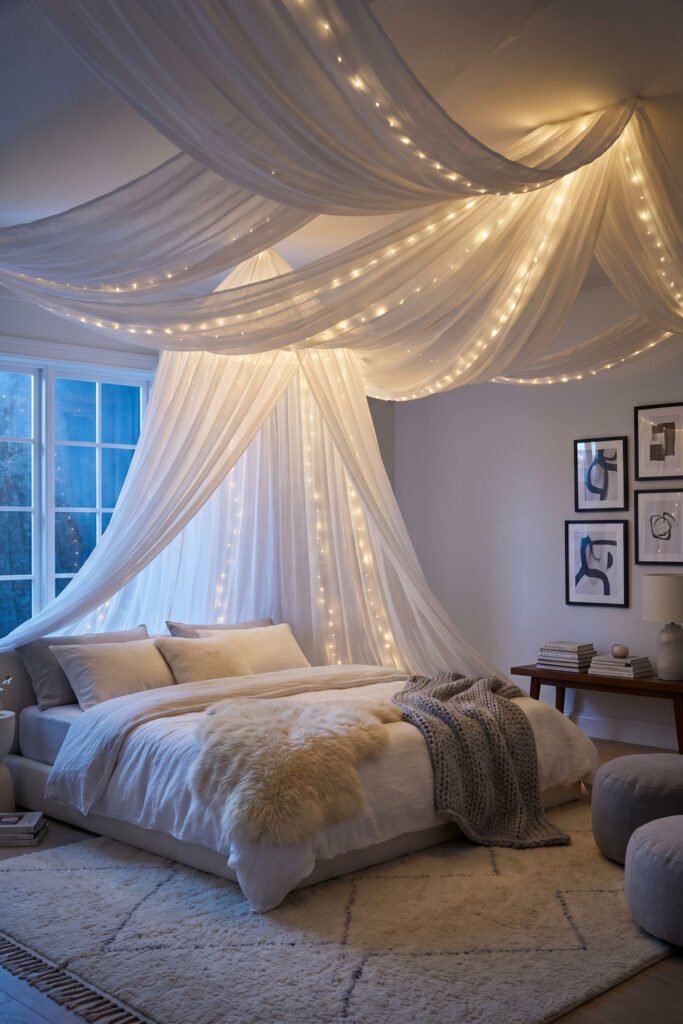 White bed beneath sweeping illuminated ceiling drapes with faux-fur, gray knit, pale rug, poufs, and framed art