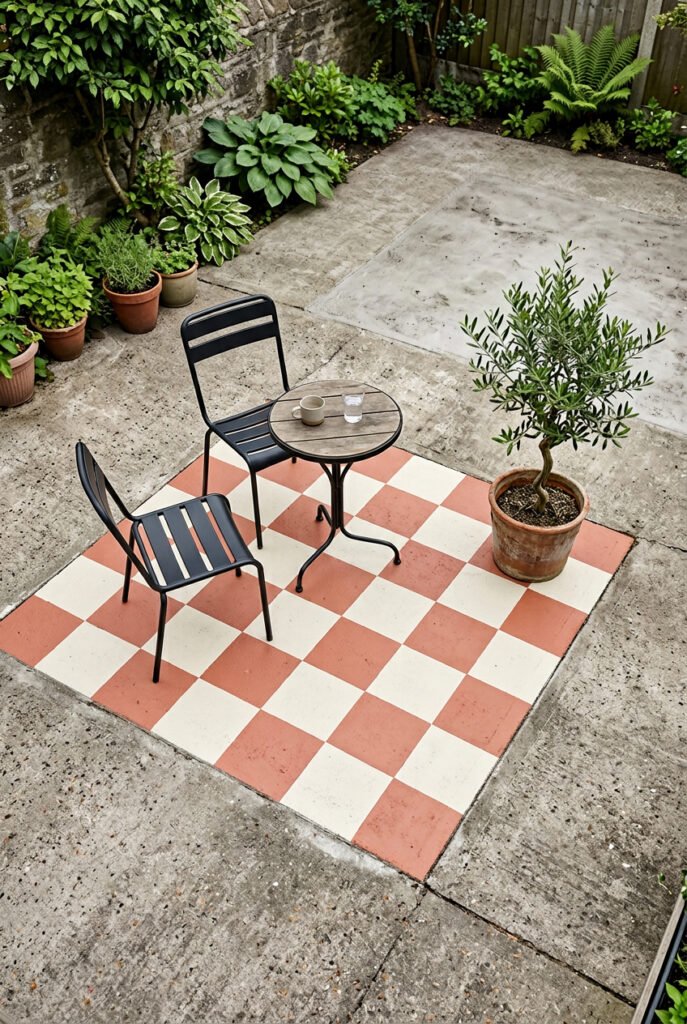 Terracotta-and-cream checkerboard accent painted directly on a concrete patio defines a bistro table and two black chairs beside a potted tree.