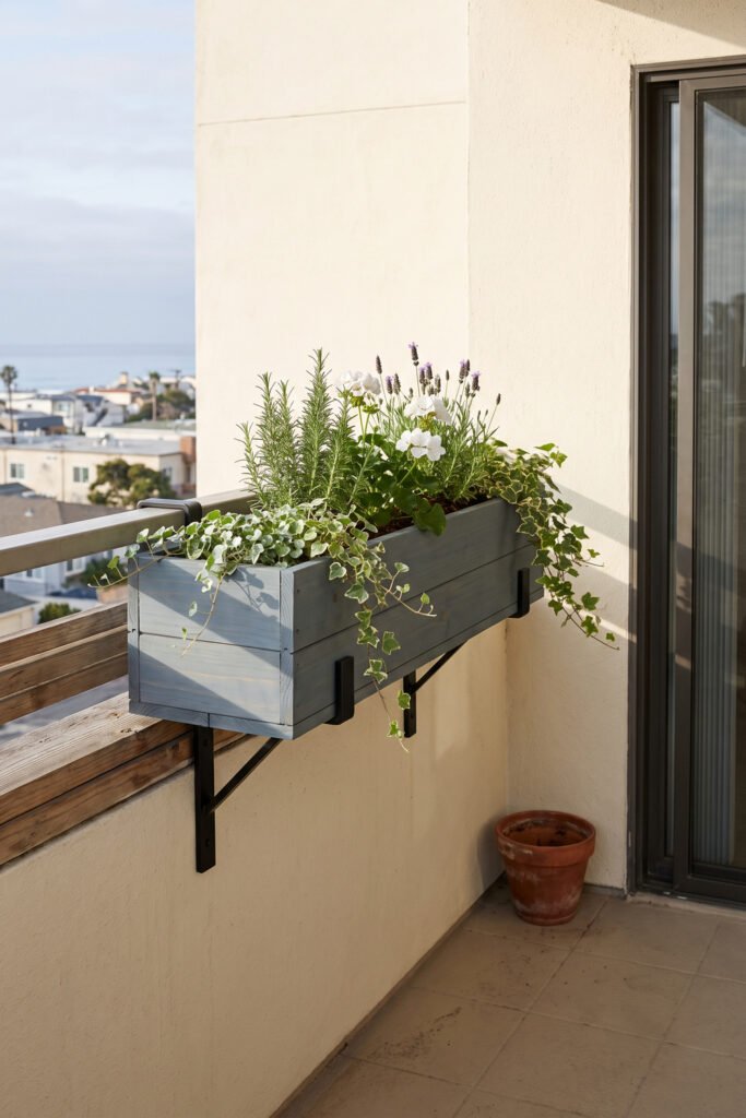 Gray balcony planter secured with black brackets and filled with upright herbs, white flowers, and trailing ivy.