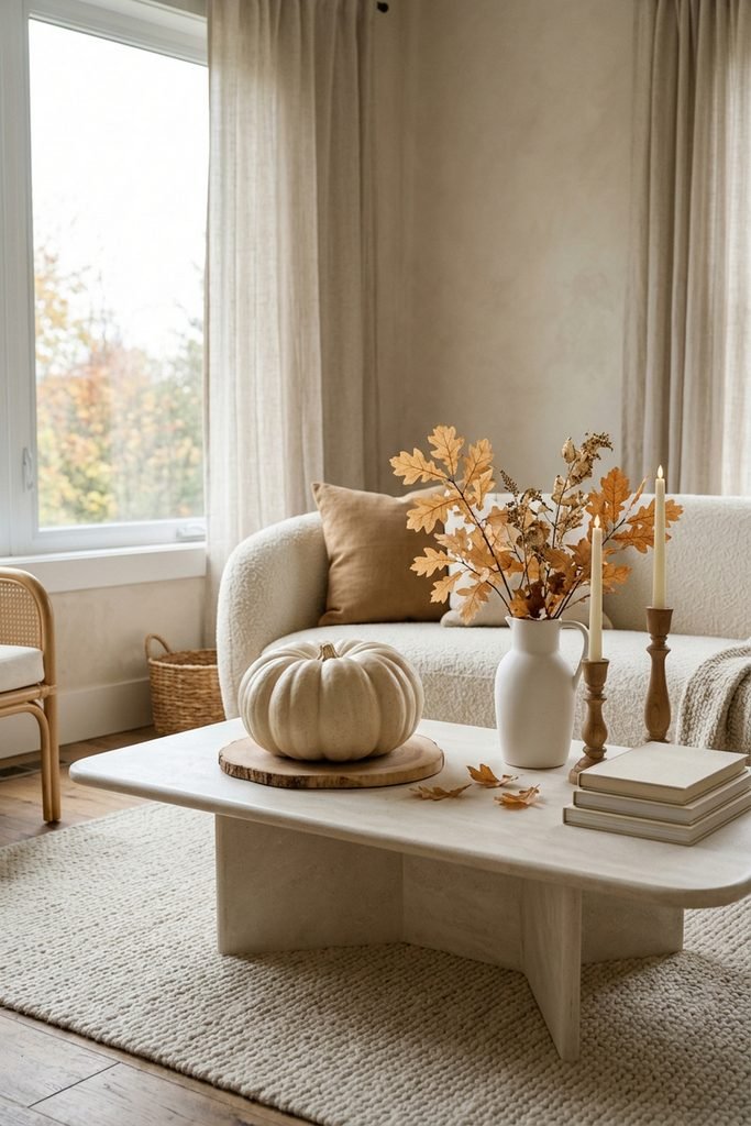 Large white pumpkin on a wood slice beside amber oak leaves, turned wood candlesticks, cream books, and scattered leaves.