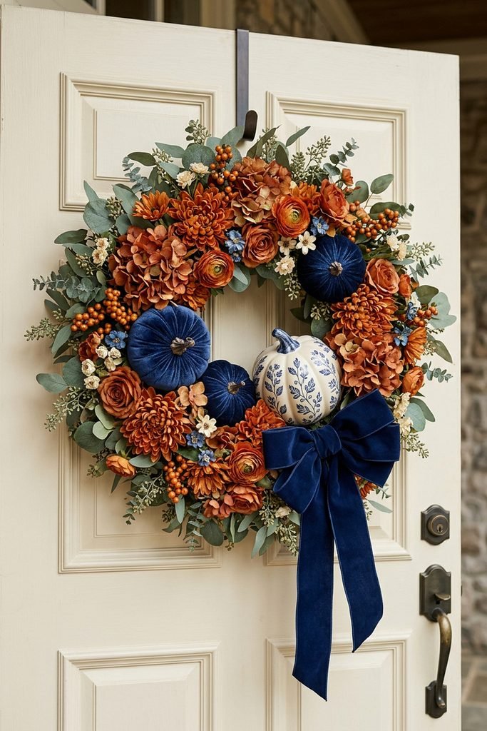 Cream door with a fall wreath made of orange flowers, eucalyptus, blue pumpkins, and a navy bow.