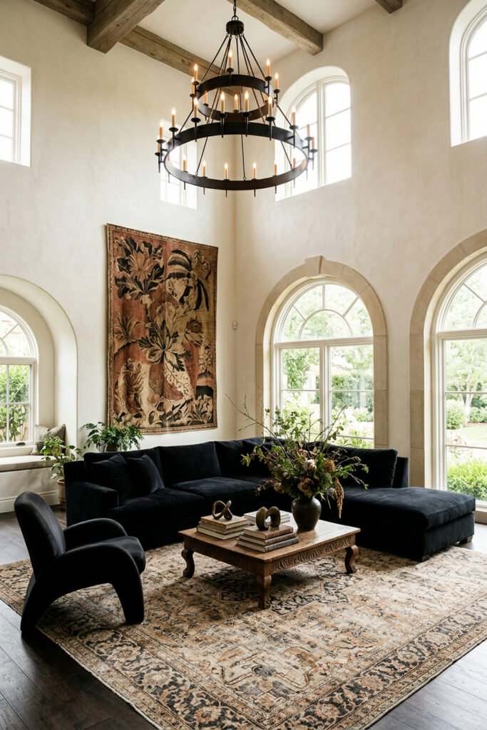 22 Black Nouveau Decor Ideas That Feel Dark, Rich, and Artful 9 Airy ivory living room with black sectional, dark chair, large tapestry, arched windows, faded rug, and ring chandelier.