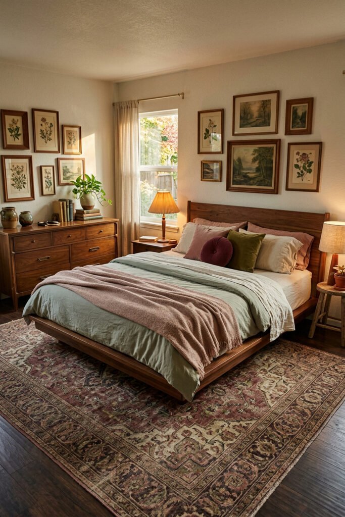 16 Cozy Bedroom Ideas for Couples to Create a Warm Shared Retreat 9 Walnut bed with sage bedding, blush throw and pillows, botanical gallery wall, wood dresser, plants, and a Persian-style rug.