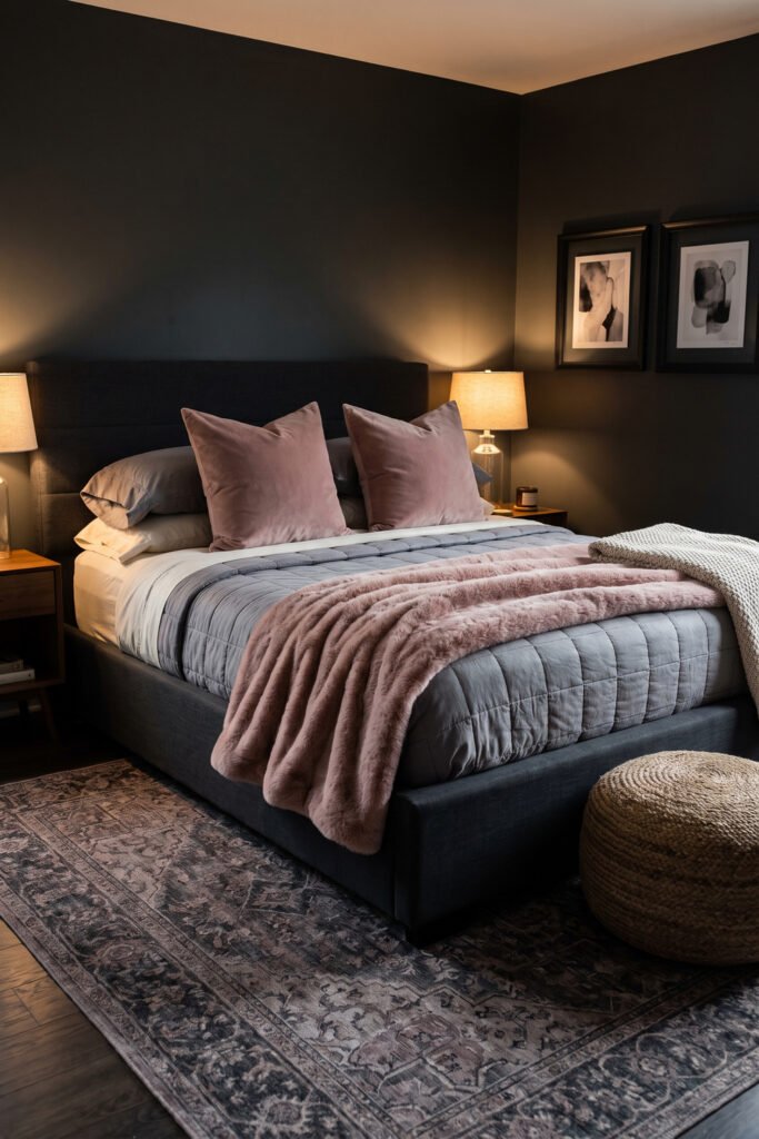 Dark charcoal bed and walls with gray bedding, blush pillows, pink faux-fur throw, woven pouf, and warm lamps