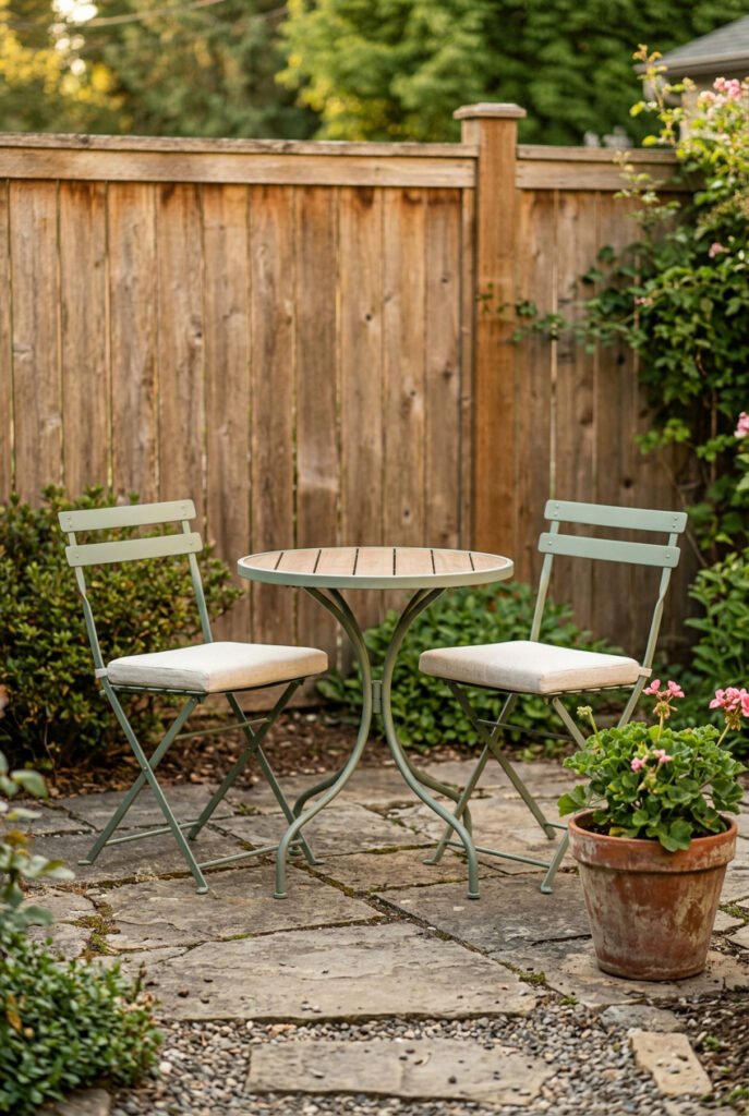 Round wood-top bistro table with two pale green folding chairs and cream seat cushions sits on stone paving beside a flowering terracotta pot.