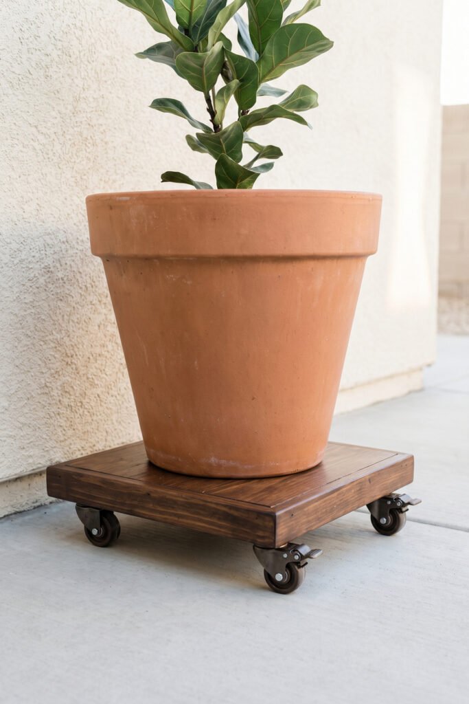 Large terracotta planter set on a square stained-wood platform with four locking caster wheels on a level concrete patio.