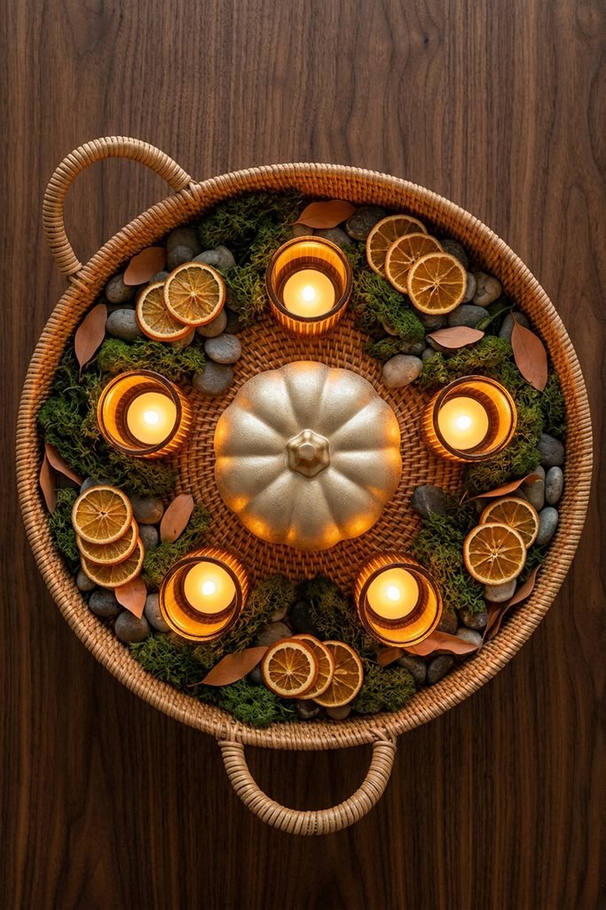 Overhead view of a woven basket with a gold pumpkin, five amber votives, moss, stones, dried leaves, and orange slices.
