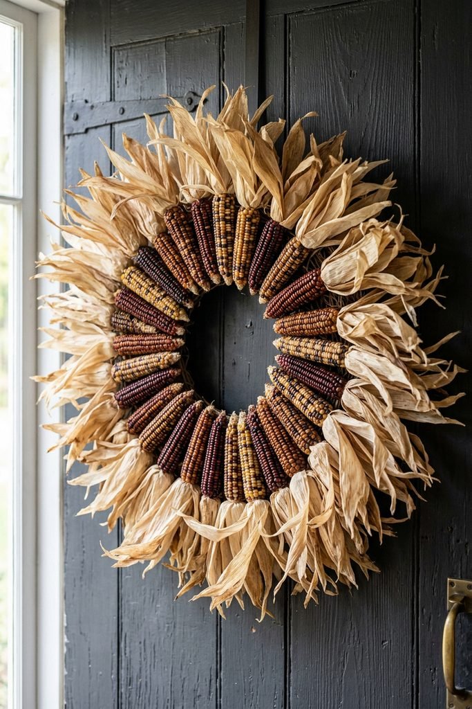 Dark door decorated with a circular wreath made from dried corn and corn husks.
