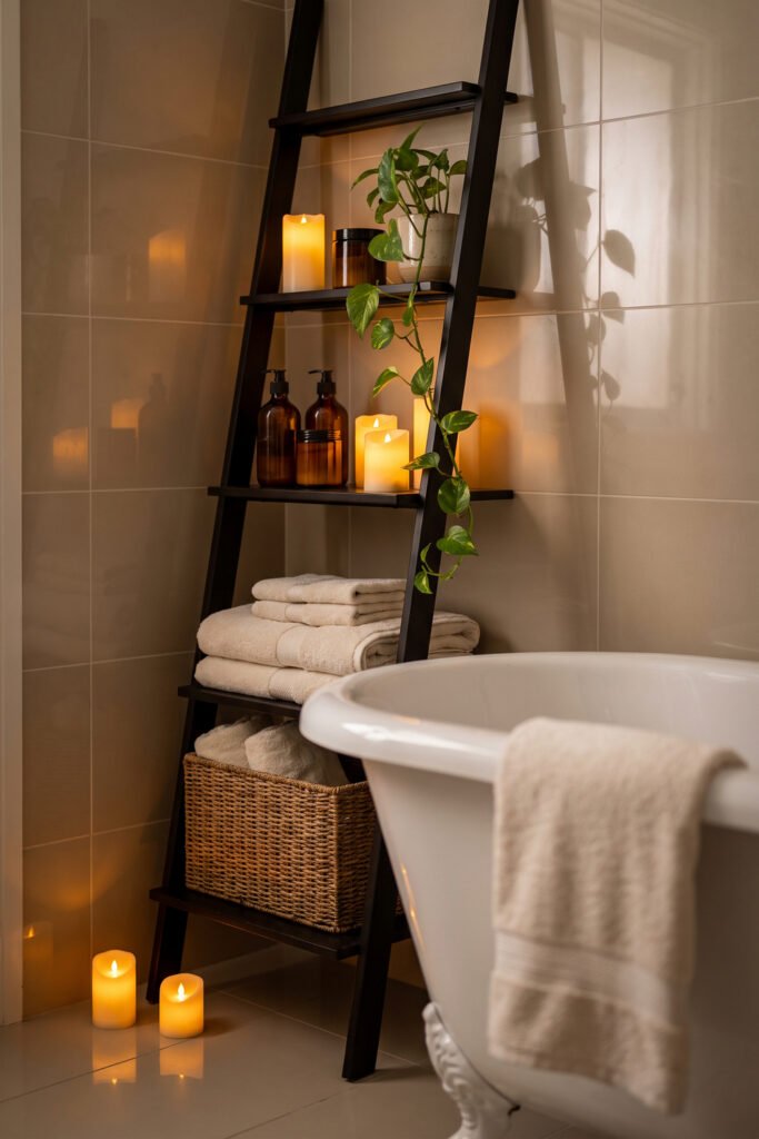 Black ladder shelf beside a white tub holds folded ivory towels, wicker storage, amber bottles, greenery, and glowing candles.
