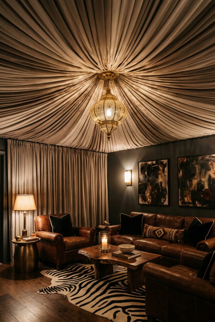 22 Black Nouveau Decor Ideas That Feel Dark, Rich, and Artful 10 Taupe fabric radiates across the ceiling toward a brass pendant above cognac leather seating, zebra rug, and warm lamps.