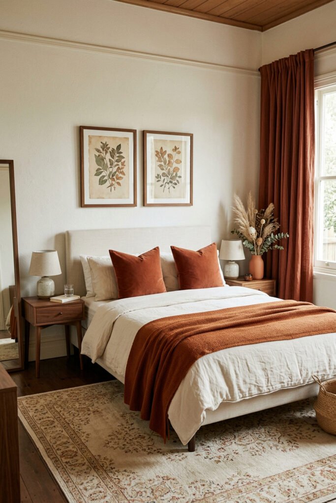 16 Cozy Bedroom Ideas for Couples to Create a Warm Shared Retreat 10 Ivory bed with rust pillows and throw, terracotta curtains, warm wood nightstands, botanical prints, dried stems, and a pale patterned rug.