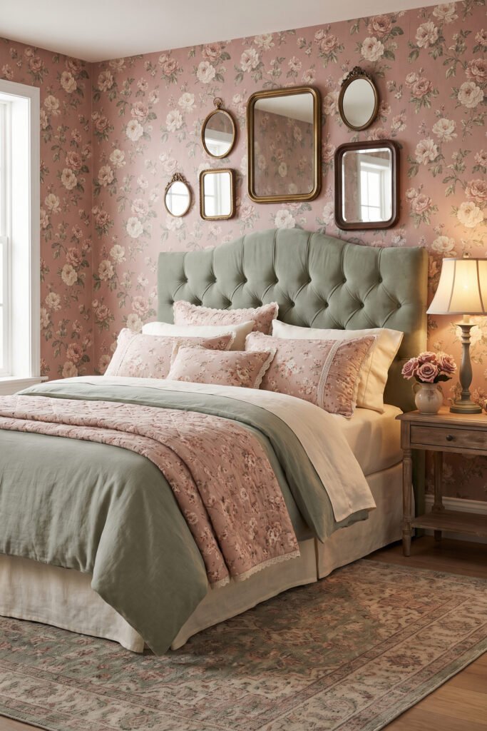 Sage tufted headboard against dusty pink floral wallpaper with floral pillows, sage bedding, mirror cluster, and rug