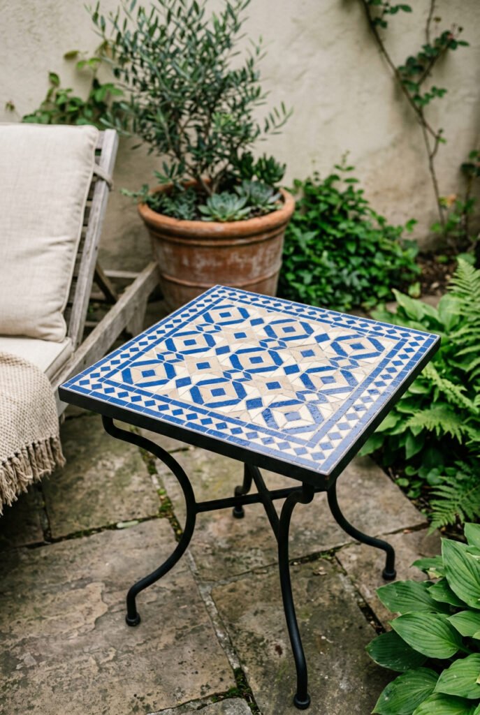 Square outdoor side table with a blue-and-cream mosaic tile top, black metal legs, and a cushioned chair surrounded by potted plants.
