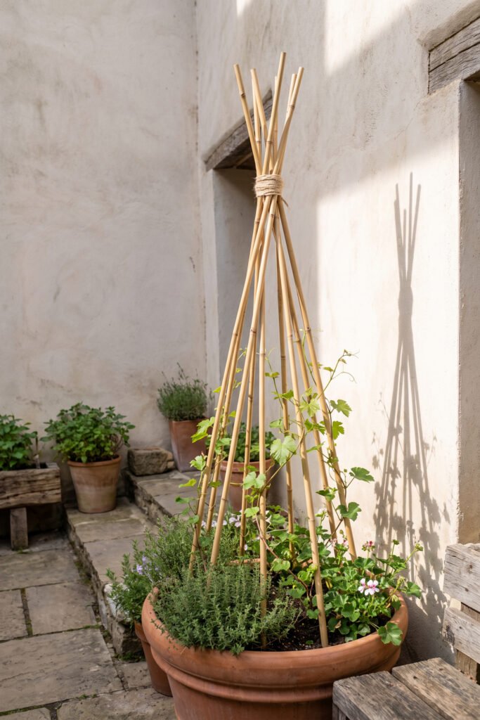 Bamboo canes tied into a tall teepee above young climbing vines, herbs, and small flowers in a wide terracotta planter.