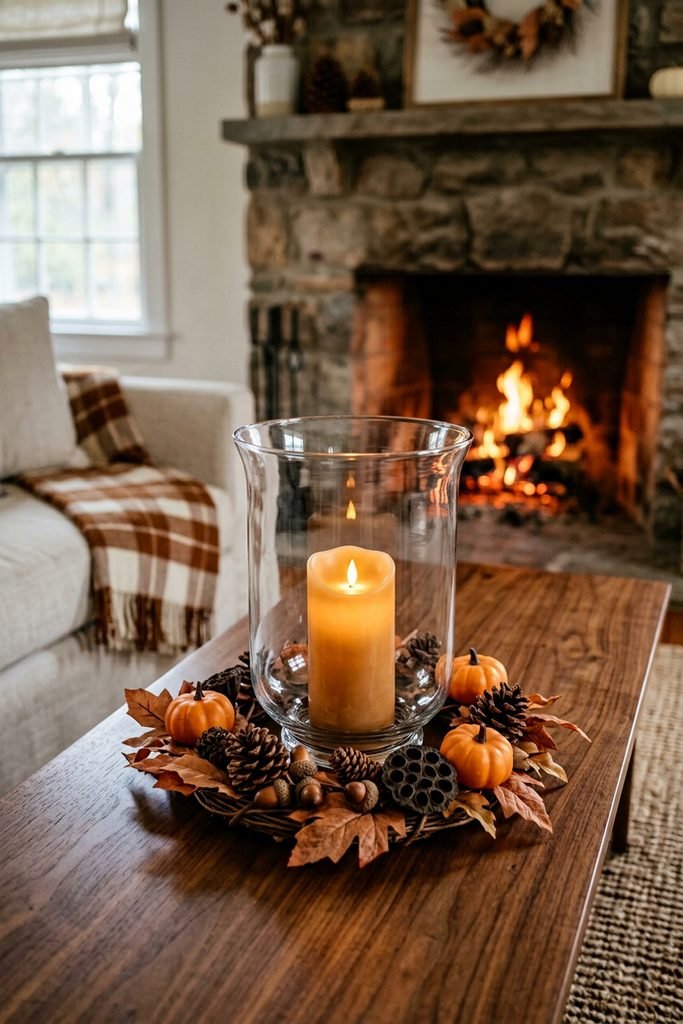 Glass hurricane with an amber pillar candle surrounded by three mini pumpkins, pinecones, acorns, leaves, and seed pods near a fireplace.