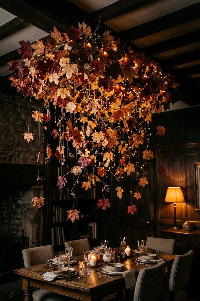 Dining table under a hanging canopy of autumn leaves and warm string lights.