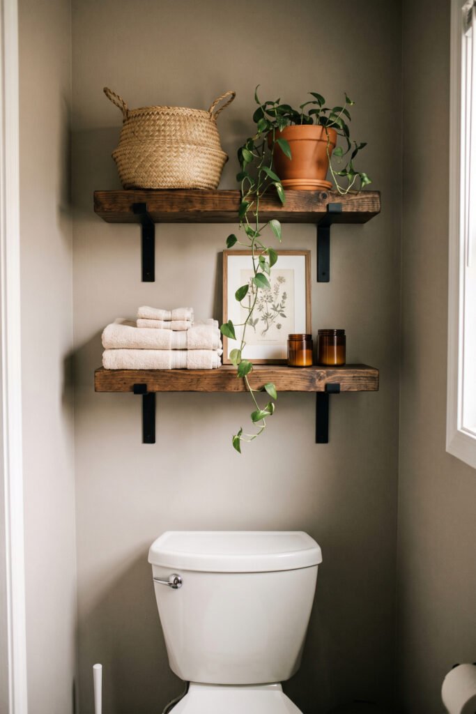 Two rustic wood shelves above a white toilet display folded towels, amber jars, botanical art, a woven basket, and trailing plant.