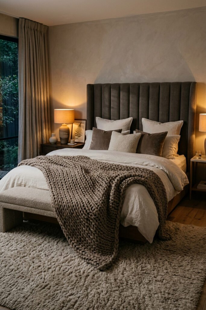 16 Cozy Bedroom Ideas for Couples to Create a Warm Shared Retreat 11 Charcoal channel headboard with ivory bedding, oversized taupe chunky-knit blanket, neutral pillows, warm bedside lamps, bench, and plush rug.