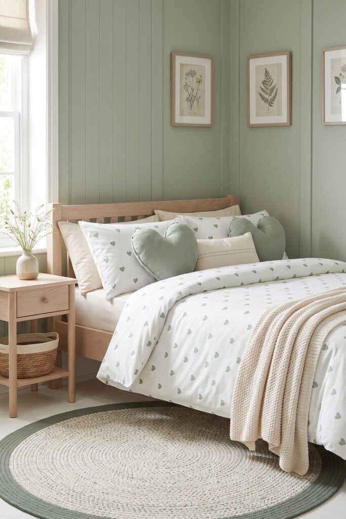 Pale wood bed against sage paneling with heart-print bedding, sage heart cushions, botanical prints, cream knit, and round rug