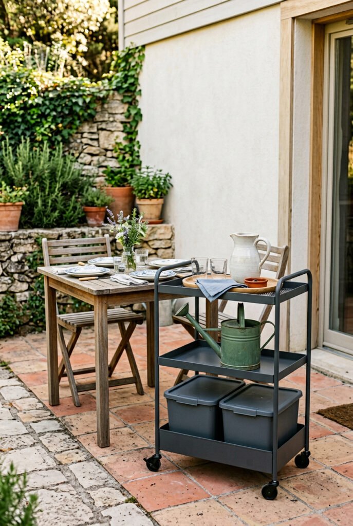 Three-tier black utility cart holds drinkware, a pitcher, watering can, linens, and two storage bins beside a set outdoor dining table.