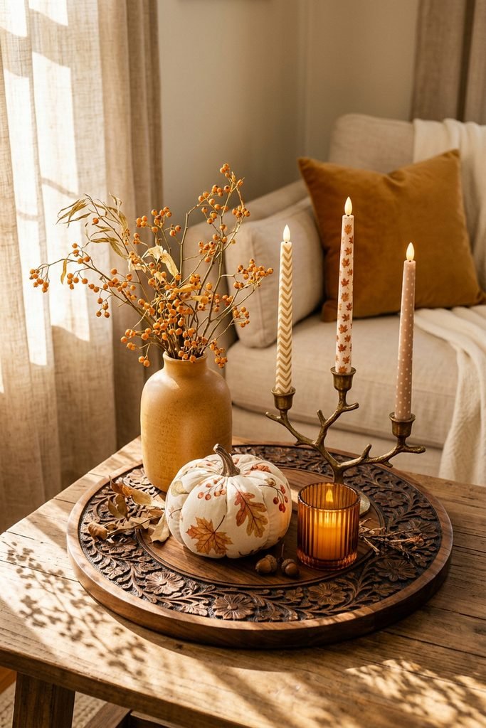 Carved wood tray with golden berry branches, three patterned taper candles, a leaf-print pumpkin, acorns, and an amber votive.