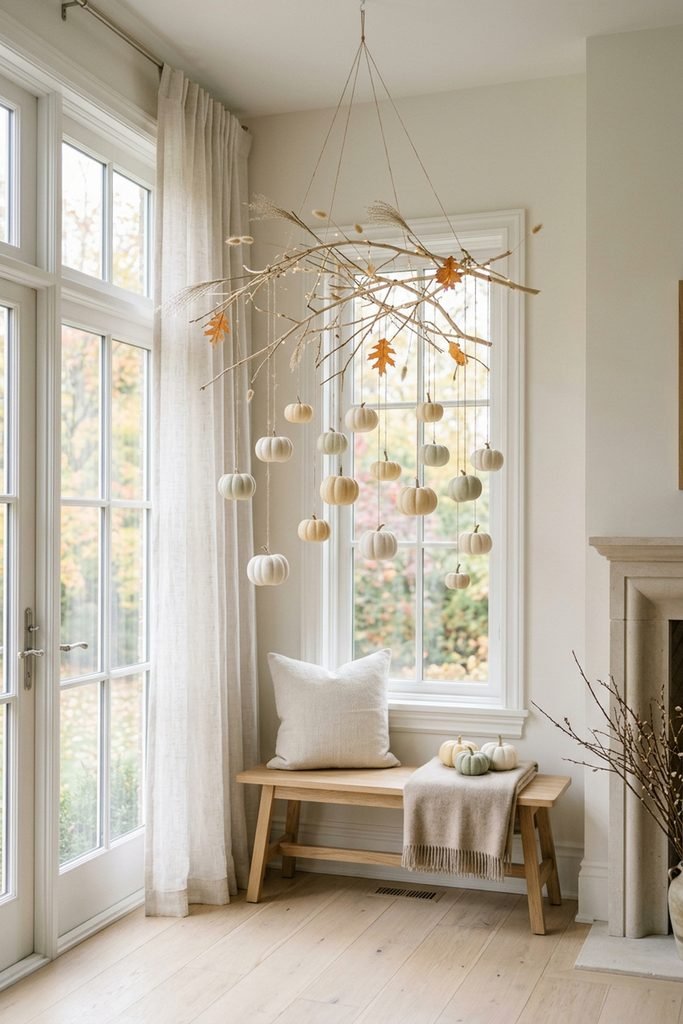 Neutral corner bench with a hanging branch mobile decorated with mini pumpkins.