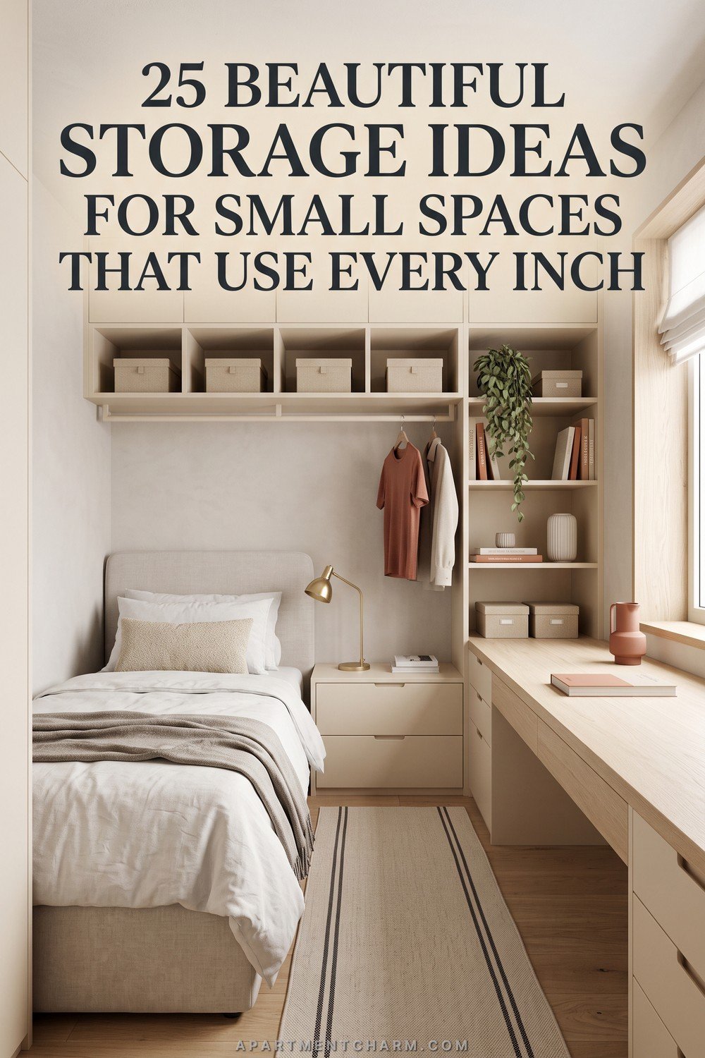 Cover reading “25 Beautiful Storage Ideas for Small Spaces That Use Every Inch” above a narrow bedroom with built-in storage.
