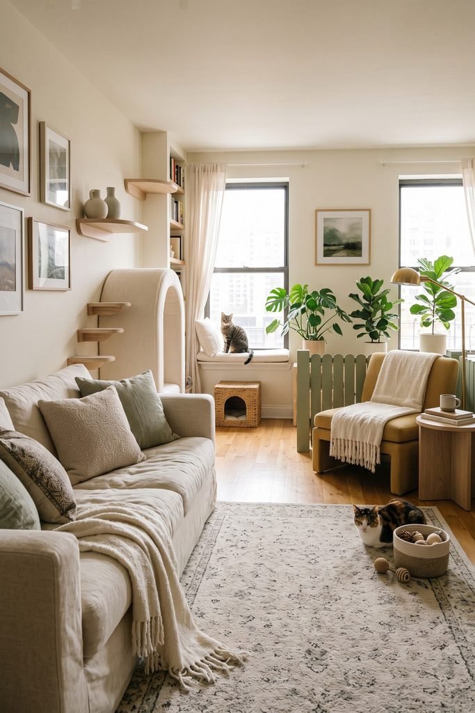 Cream living room with a mustard chair, pale wood cat steps, window perch, woven hideaway, sage screen, leafy plants, and two cats.
