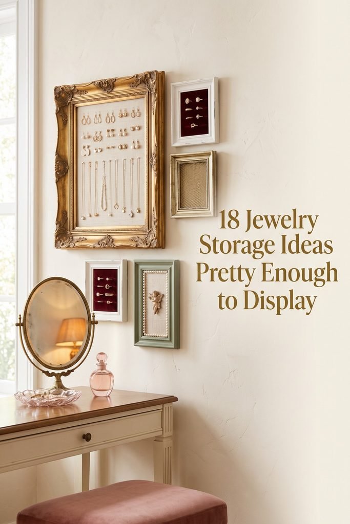 Ornate framed jewelry displays above an ivory vanity with the headline “18 Jewelry Storage Ideas Pretty Enough to Display.”