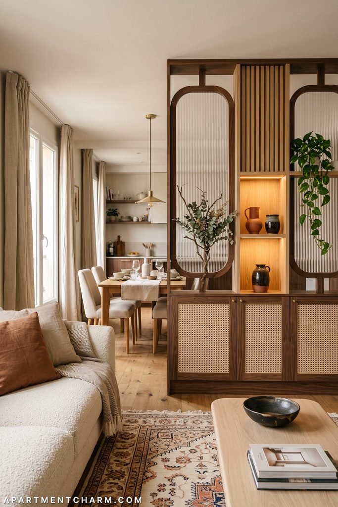 Open-plan living and dining room centered on a dark walnut divider with two arched ribbed-glass panels, vertical oak slats, lit display niches, cane-front cabinets, trailing greenery, and a cream sofa over a patterned rug.