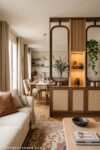 Open-plan living and dining room centered on a dark walnut divider with two arched ribbed-glass panels, vertical oak slats, lit display niches, cane-front cabinets, trailing greenery, and a cream sofa over a patterned rug.