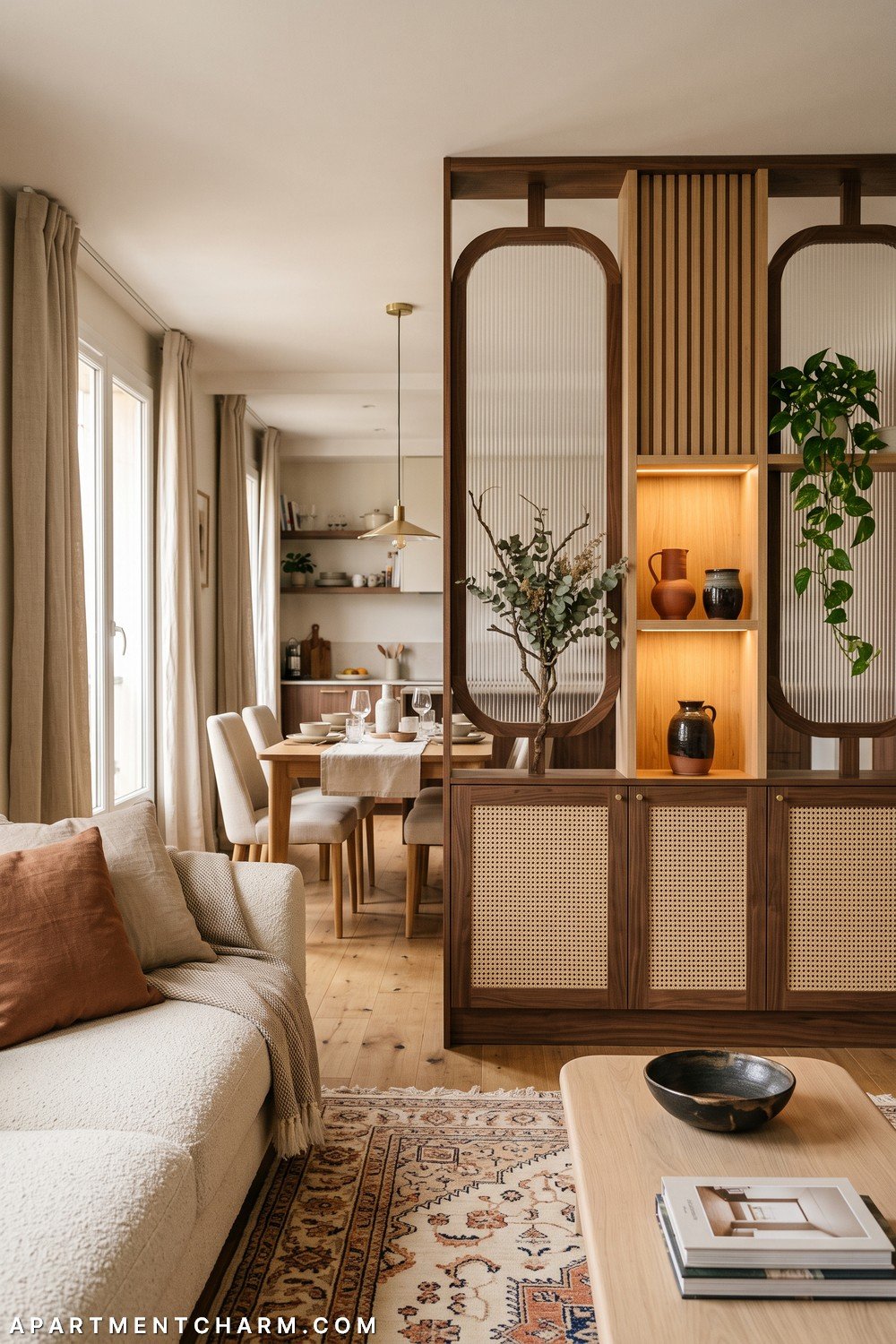 Open-plan living and dining room centered on a dark walnut divider with two arched ribbed-glass panels, vertical oak slats, lit display niches, cane-front cabinets, trailing greenery, and a cream sofa over a patterned rug.