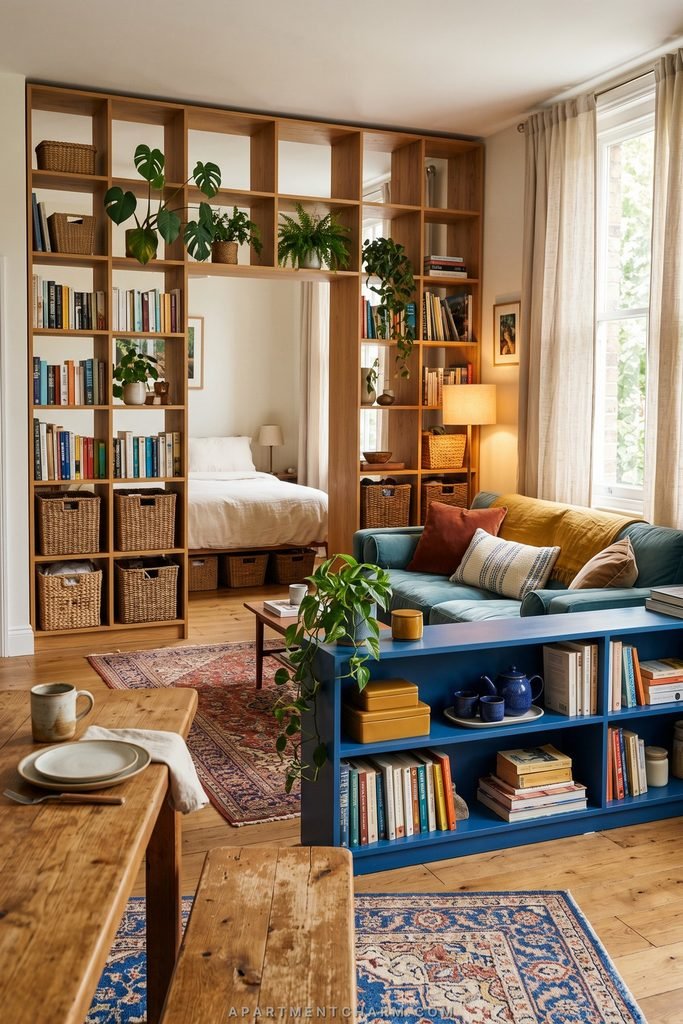 25 Beautiful Storage Ideas for Small Spaces That Use Every Inch 1 Small studio with a teal sofa, blue divider bookcase, open wood shelving, woven baskets, plants, and patterned rugs.