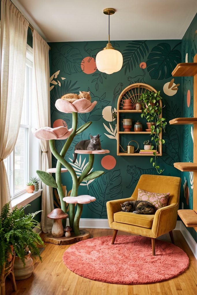 Teal botanical cat room with a blush flower tree, mustard chair, coral rug, arched woven shelf, white curtains, and three resting cats.