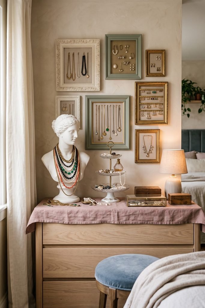 Bedroom vanity with framed jewelry displays, a necklace-draped classical bust, tiered stand, lamp, and dusty-rose runner.