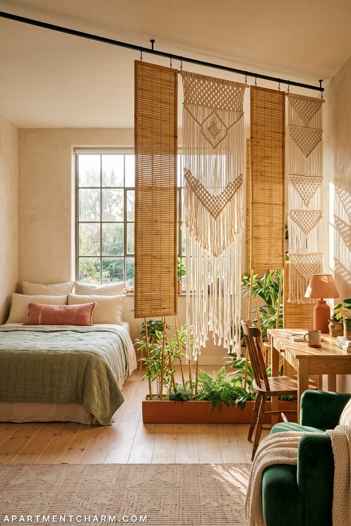 Sunlit studio with alternating woven bamboo blinds and knotted macramé panels on a black track above a planted trough; green bedding, blush accents, a wooden desk, and a green reading chair remain visible.