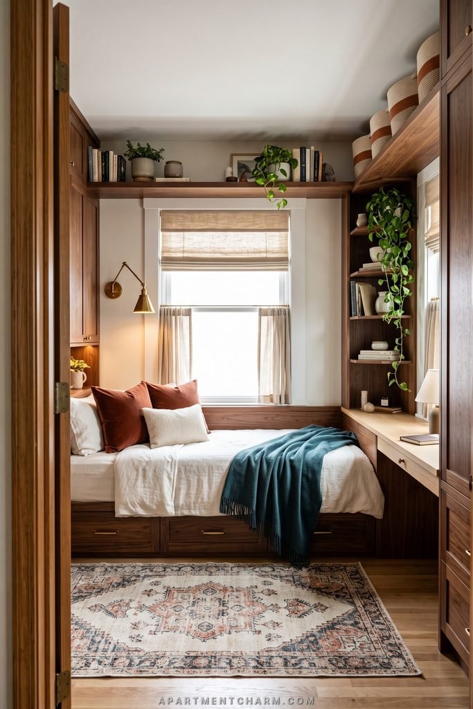 25 Beautiful Storage Ideas for Small Spaces That Use Every Inch 2 Narrow bedroom with a window daybed, dark wood drawers and shelves, trailing plants, rust pillows, and a teal throw.