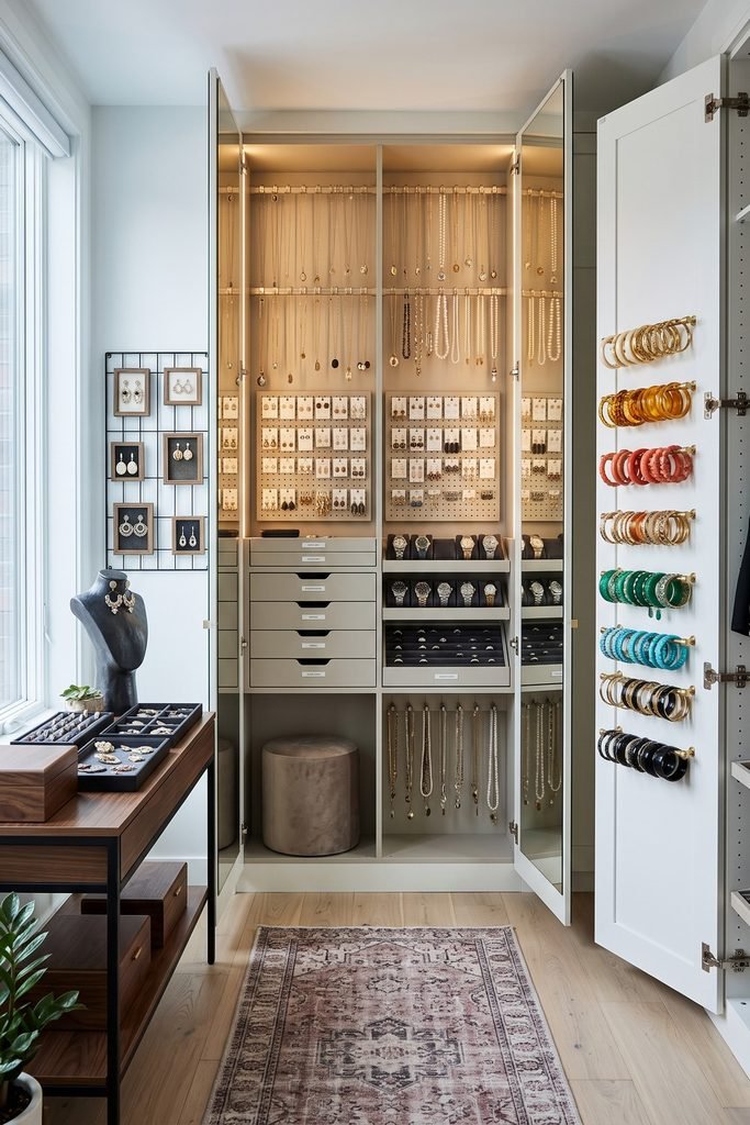 Open jewelry closet with lit necklace rails, earring panels, watch and ring drawers, framed displays, and color-sorted bangles on the door.