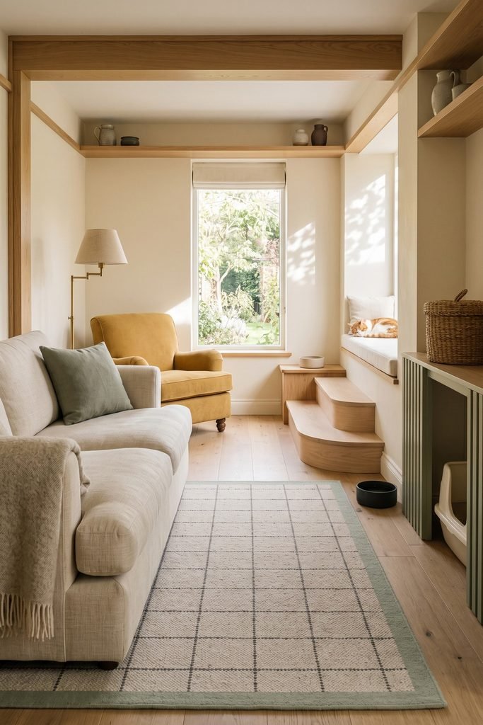 Cream living room with a mustard chair, pale wood steps to a window bed with a resting cat, sage litter cabinet, separated bowls, and a checked rug.