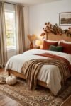 Wooden bed with ivory bedding, camel plaid, rust and green pillows, an autumn-leaf garland, and a cream pumpkin on a patterned rug.