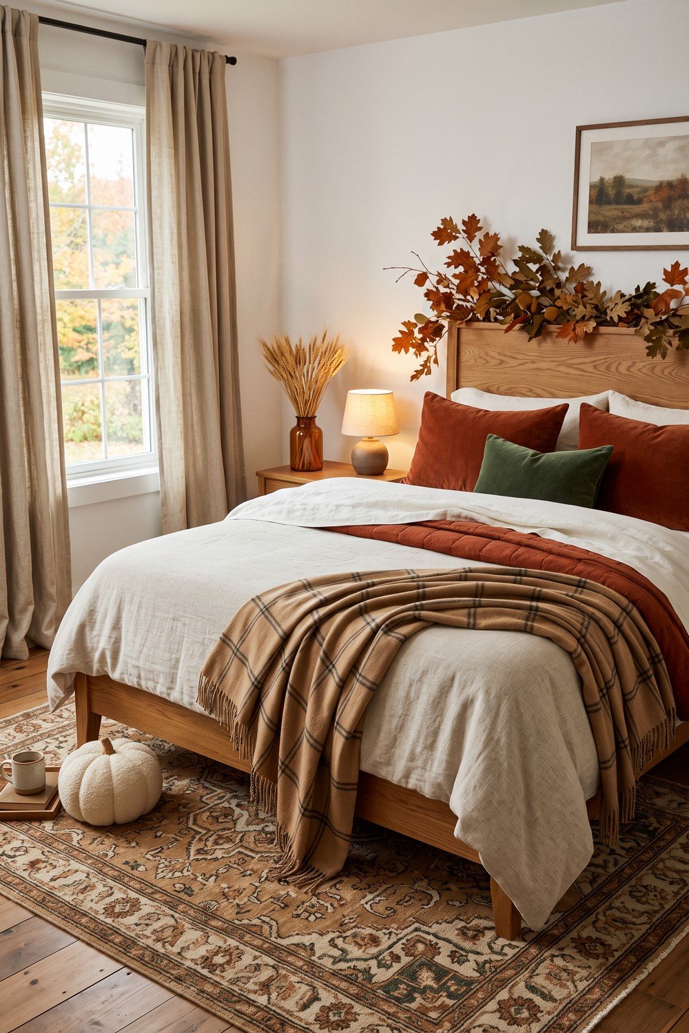 Wooden bed with ivory bedding, camel plaid, rust and green pillows, an autumn-leaf garland, and a cream pumpkin on a patterned rug.
