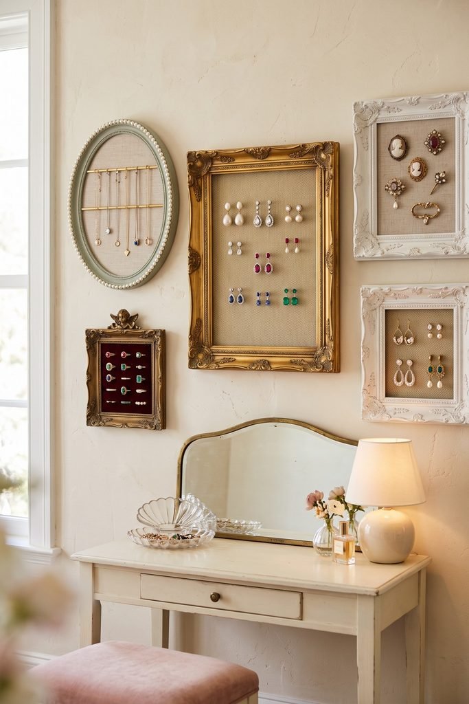 Five ornate framed jewelry displays holding earrings, rings, brooches, and necklaces above an ivory vanity and curved mirror.