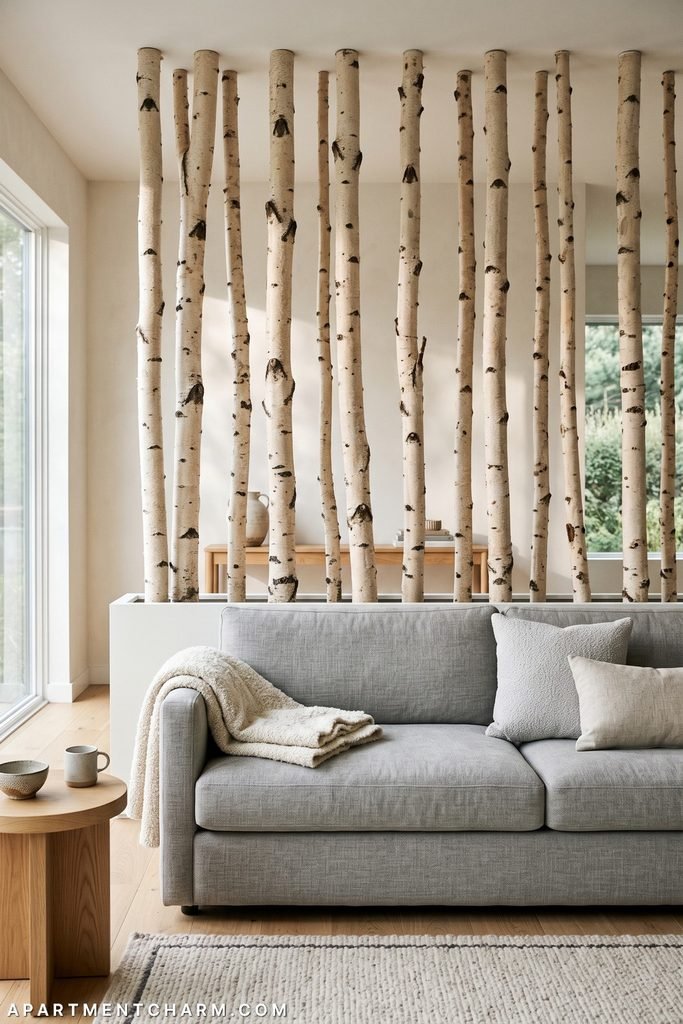 Light gray sofa in front of a long white planter holding many tall birch poles; neutral pillows, a cream throw, pale wood tables, and open views through the trunks.