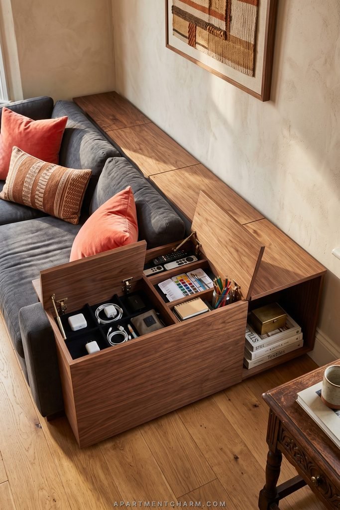 25 Beautiful Storage Ideas for Small Spaces That Use Every Inch 3 Wood storage console behind a charcoal sofa with several open compartments revealing organized electronics, art supplies, and books.